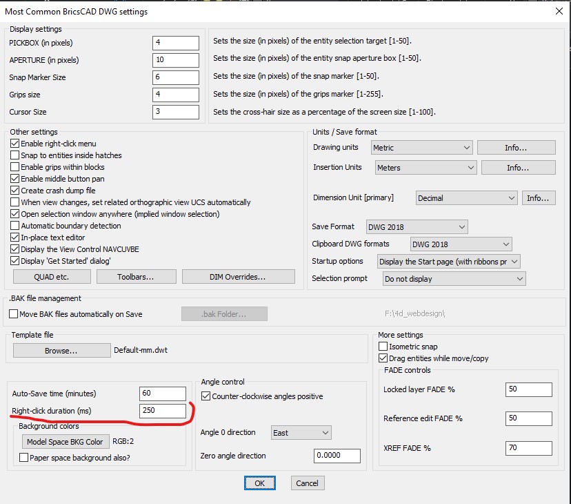 BricsCAD Settings dashboard via CADPower SHORTCUTMENUDURATION