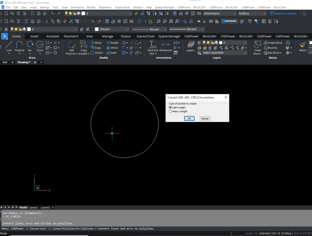 Convert a line, polyline or circle to polyline