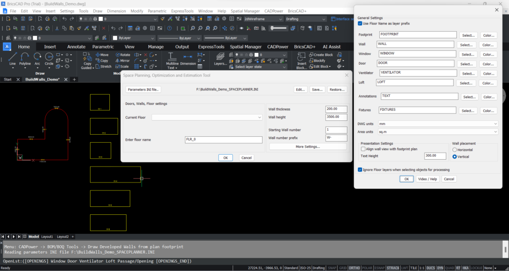 The CADPower CP_BUILDWALLS dialog box