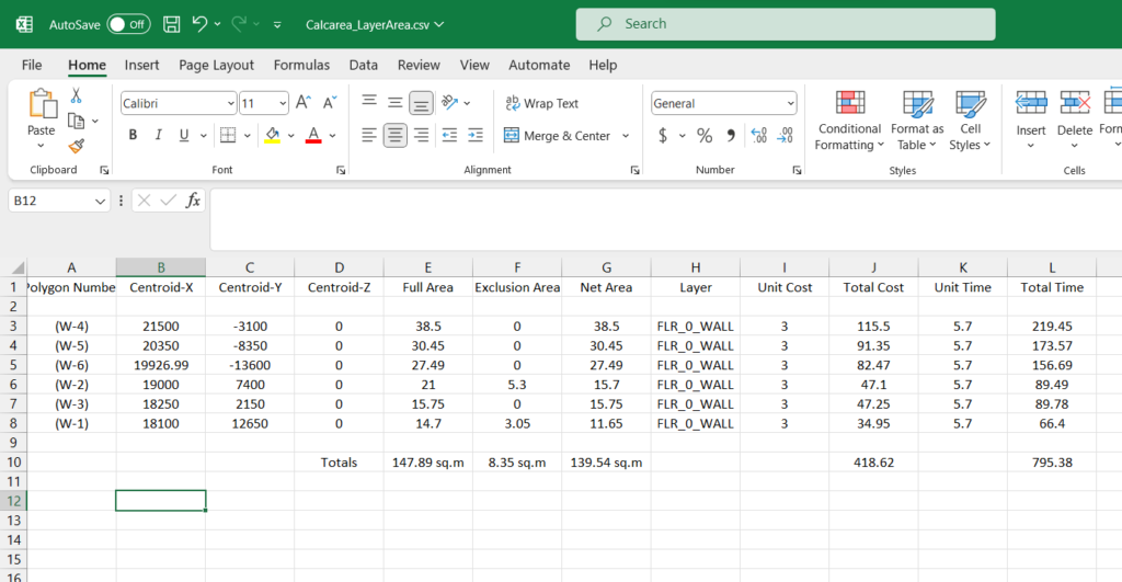 CADPower generated Excel CSV file showing cost and time analysis in BricsCAD