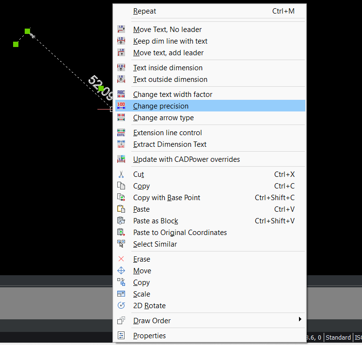 The A2B transition tools - Dimension context menu improvements in CADPower for BricsCAD (Extension line control added)