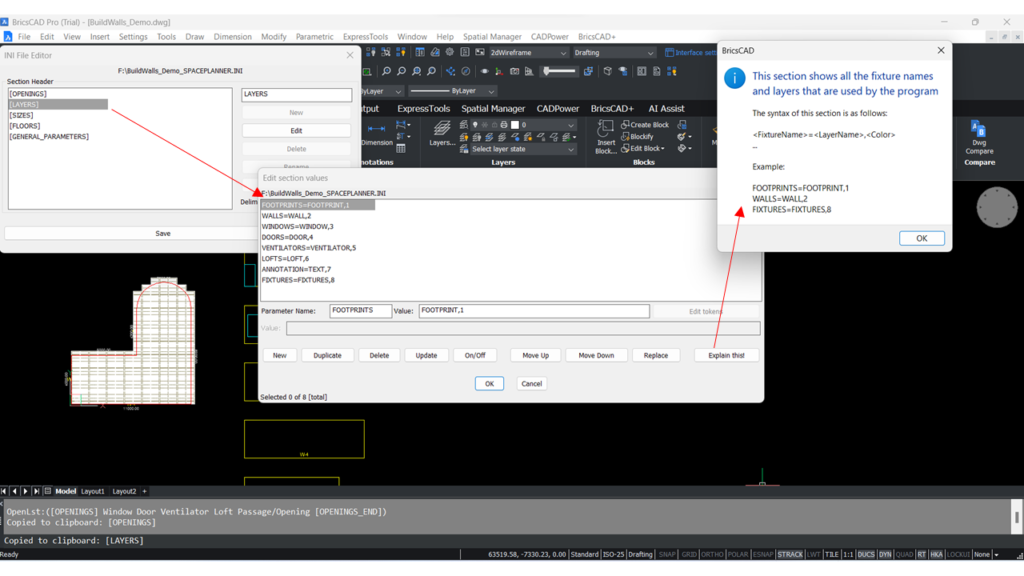 The LAYERS section in the CP_BUILDWALL INI file of CADPower