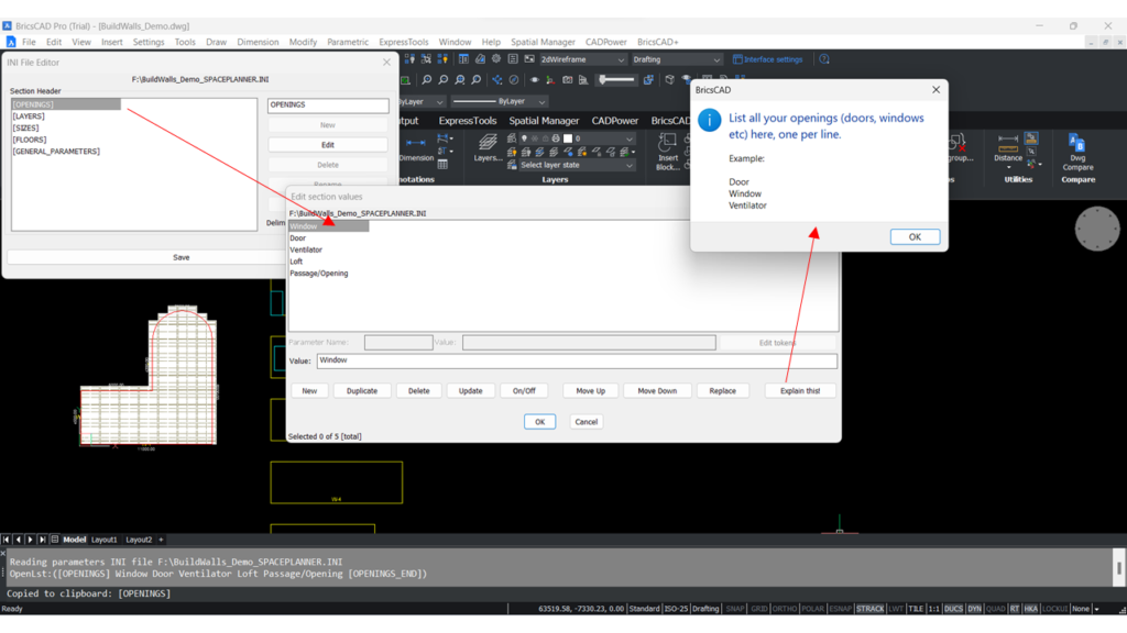 The Openings section of the CP_BUILDWALLS INI file in CADPower