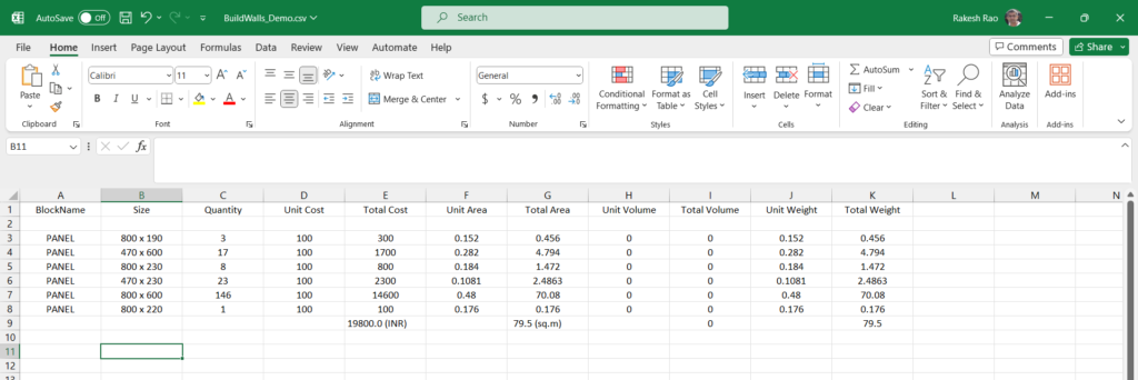 The CSV Excel file created by CP_TILECOUNT command in CADPower