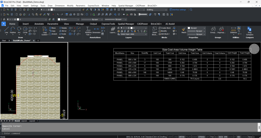 The Quantity takeoff table created by CP_TILECOUNT in CADPower