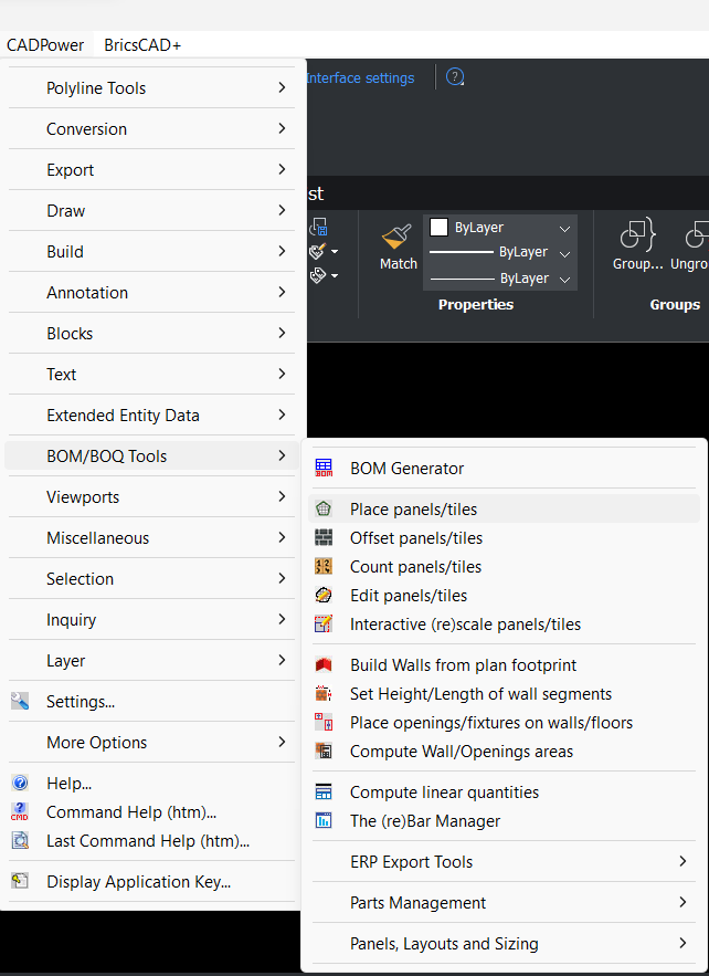 The CP_TILEPLACE command in CADPower for BricsCAD