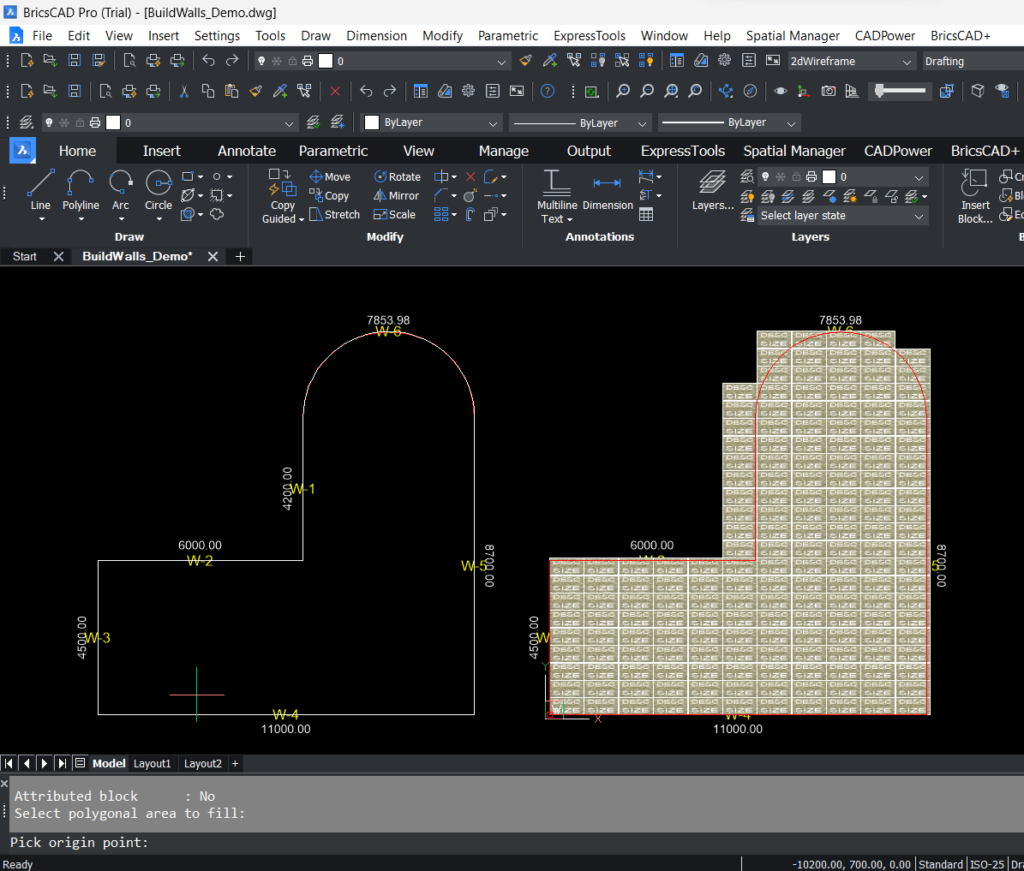 The CP_TILEPLACE command with 'Fill a polygon' option in CADPower