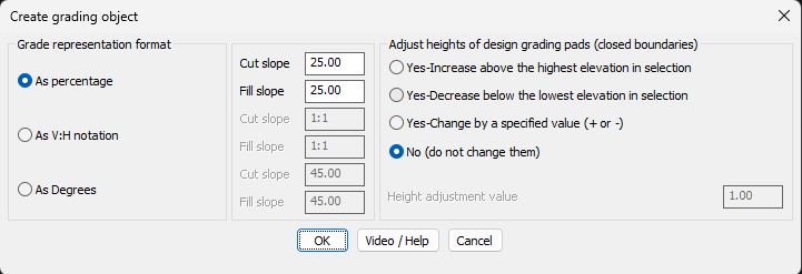 Creates a grading entity that will project into the underlying BricsCAD TIN surface