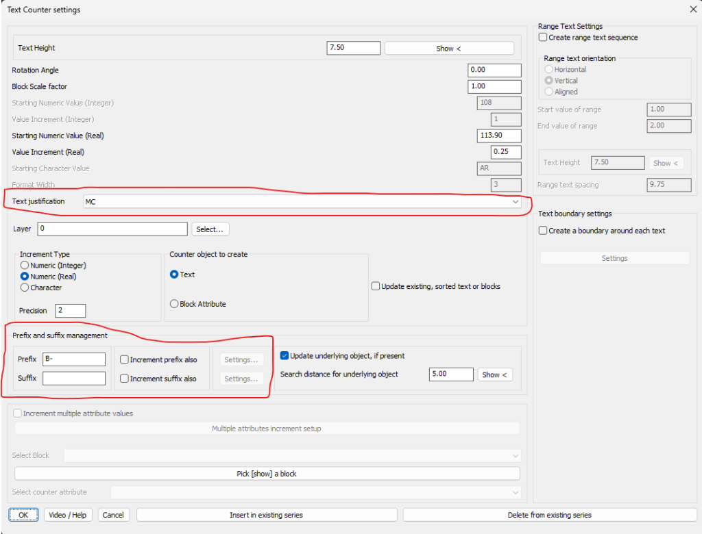 The Text Counter (automatic text incrementing) command now has options to set the text justification. You can also preview the work-in-progress options to independently manage both prefix and suffix incrementing.