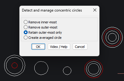 Manage concentric circles in CADPower, Remove outermost, Retain outermost, Remove innermost, create averaged