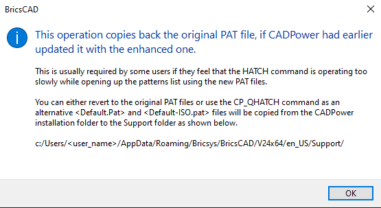 This option shows you how to revert to the original PAT file as supplied by BricsCAD