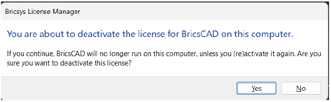 The BricsCAD deactivate license screen