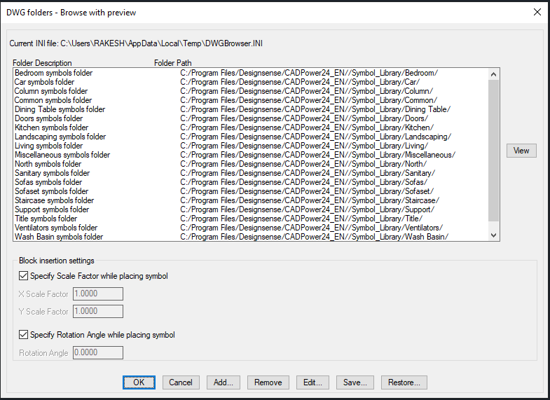 The main CP_DWGBROWSER dialog box in CADPower