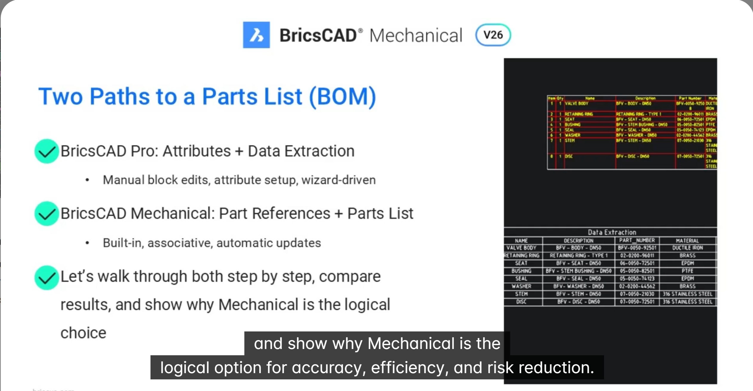 Parts List in BricsCAD Mechanical vs data extraction in BricsCAD Pro